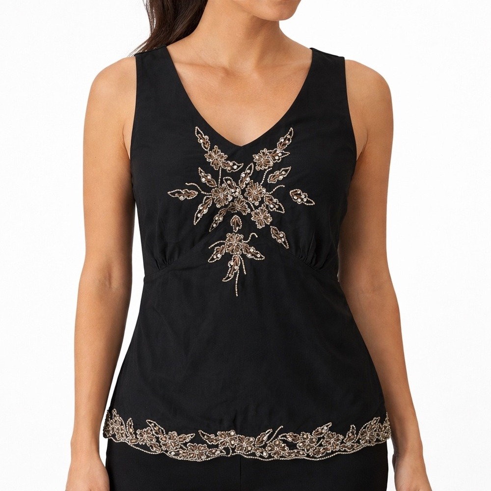 Vintage Y2K Casual Corner Black Beaded Floral Sequin Sleeveless Top NWT Size M